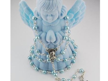 4mm Blue Pearl Rosary with Guardian Angel Box (Style: R567AB) Online