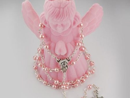 4mm Pink Pearl Rosary with Guardian Angel Box (Style: R566AB) Fashion