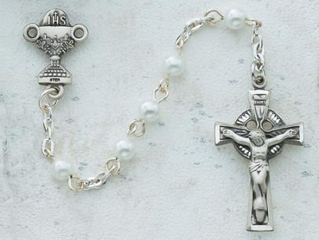 5mm Pearl Celtic Communion Rosary (Style: C50DW) Hot on Sale