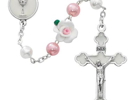 Pearl and Pink Flower Communion Rosary (Style: R625W) For Cheap