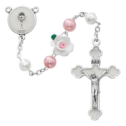 Pearl and Pink Flower Communion Rosary (Style: R625W) For Cheap