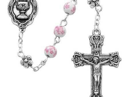 Pink Ceramic Flower Communion Rosary (Style: R628W) on Sale