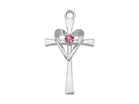 Sterling Silver Cross Silver With Rose Stone and Heart (Style: L9178) For Cheap